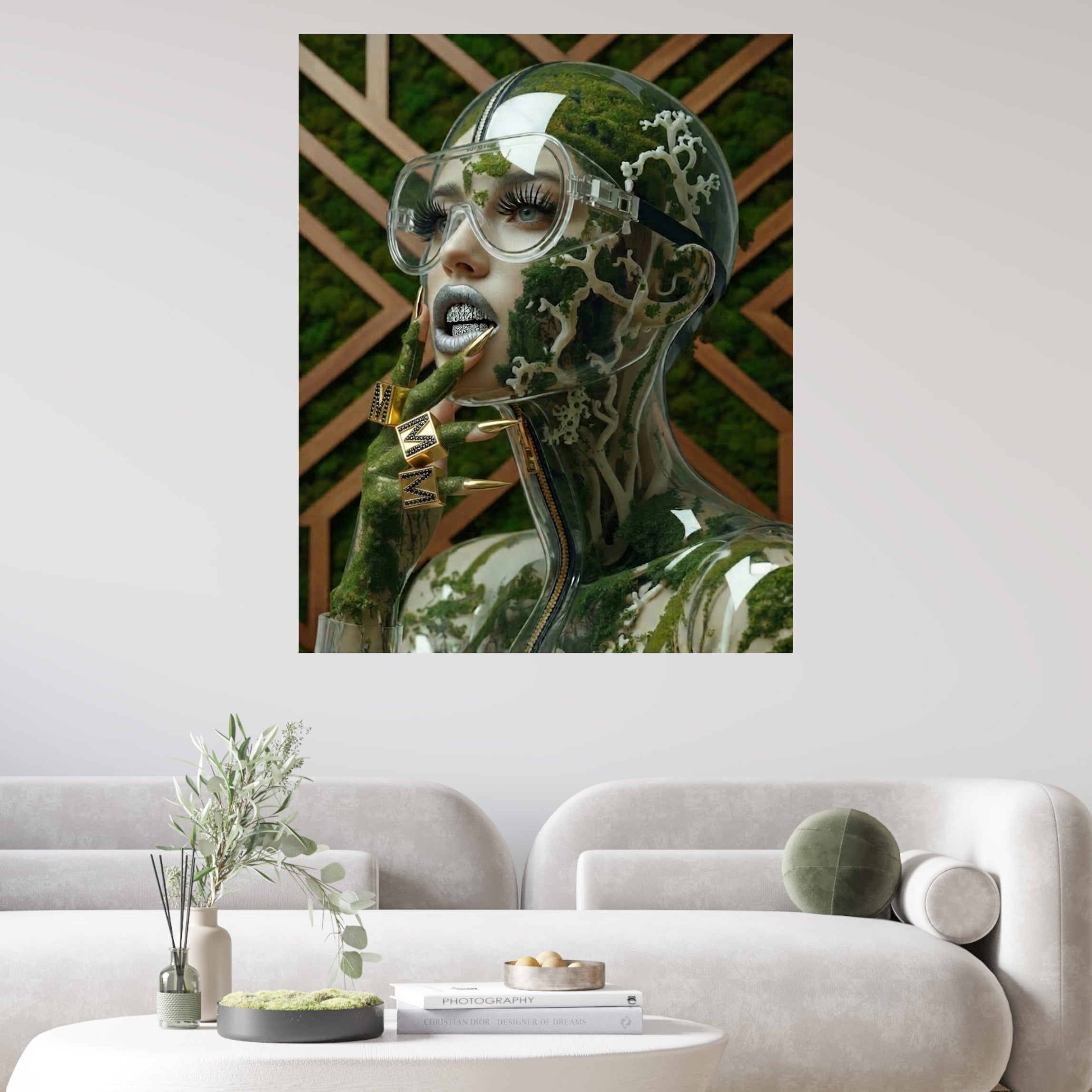 Lifestyle illustration of the "Mother Nature" Qi artwork featuring a translucent, glass-like bust filled with moss and white veins with silver diamonds teeth and square gold rings with black diamonds and M monogram. displayed on a wall in a white modern living room. 