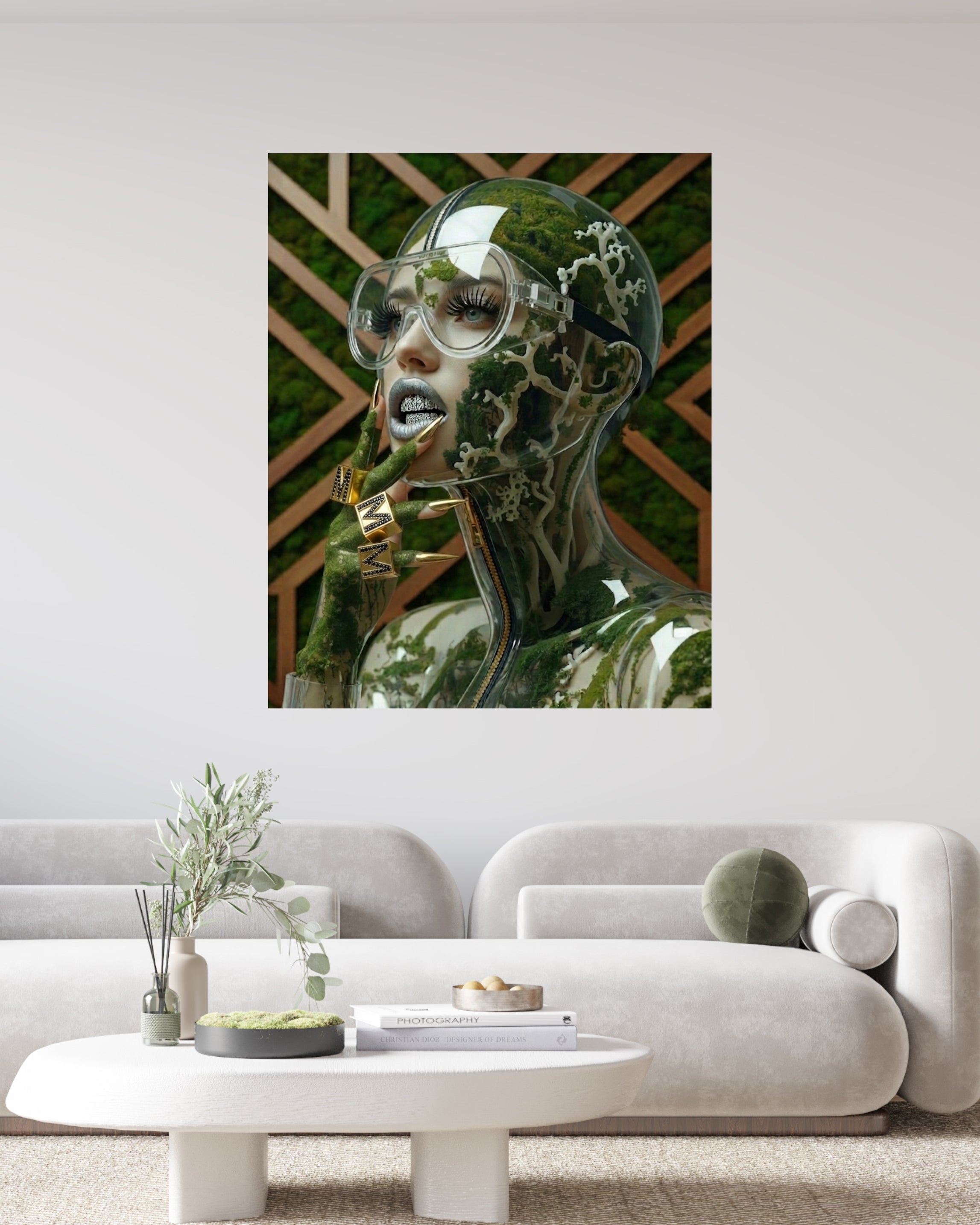 Lifestyle illustration of the "Mother Nature" Qi artwork featuring a translucent, glass-like bust filled with moss and white veins with silver diamonds teeth and square gold rings with black diamonds and M monogram. displayed on a wall in a white modern living room. 