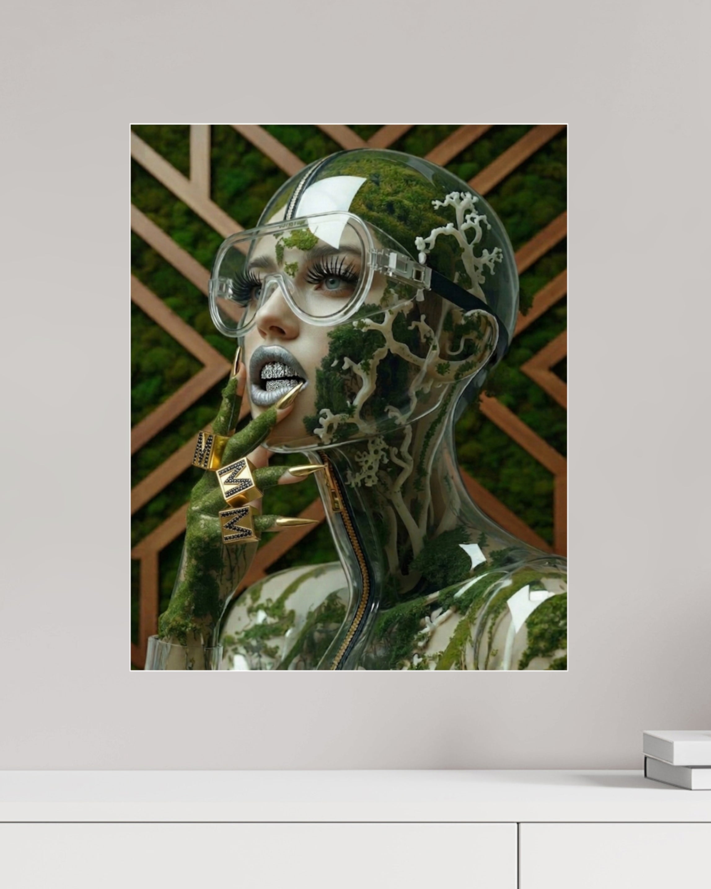 MizDragonfly Mother Nature Series: Qi fine art viewed from the side highlighting the artwork and luminosity coming from the 4mm acrylic glass side view.