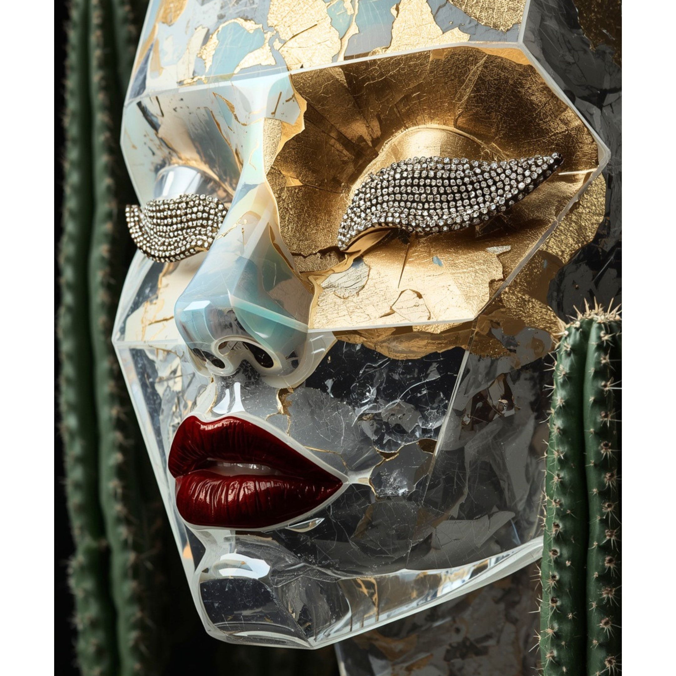 A sculptural face mask with a face sculpture with cracked clear glass-like texture, metallic gold leaf details, rhinestone-embellished eye lashes, and glossy red lips, framed by dark green cacti against a dark background. Nanogold limited surreal artwork by MizDragonfly.