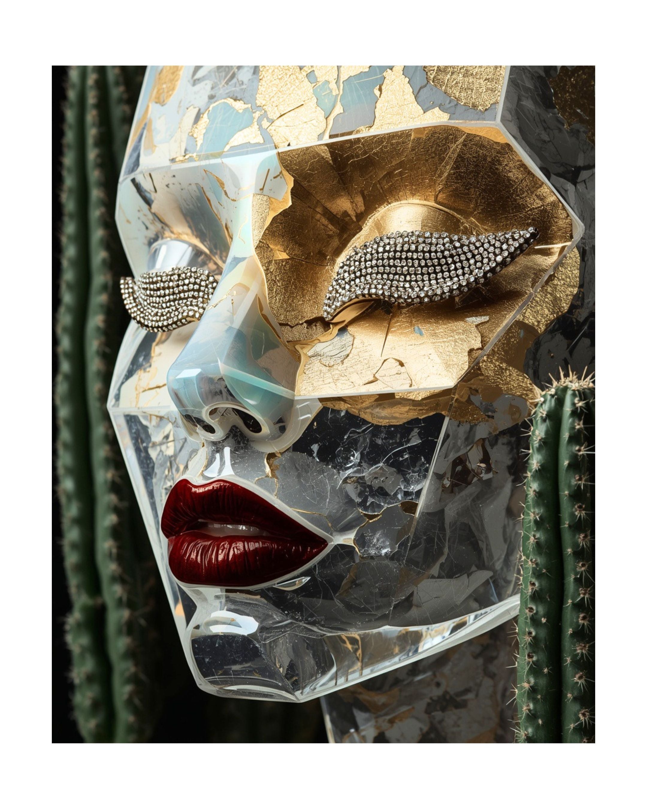 A sculptural face mask with a face sculpture with cracked clear glass-like texture, metallic gold leaf details, rhinestone-embellished eye lashes, and glossy red lips, framed by dark green cacti against a dark background. Nanogold limited surreal artwork by MizDragonfly.