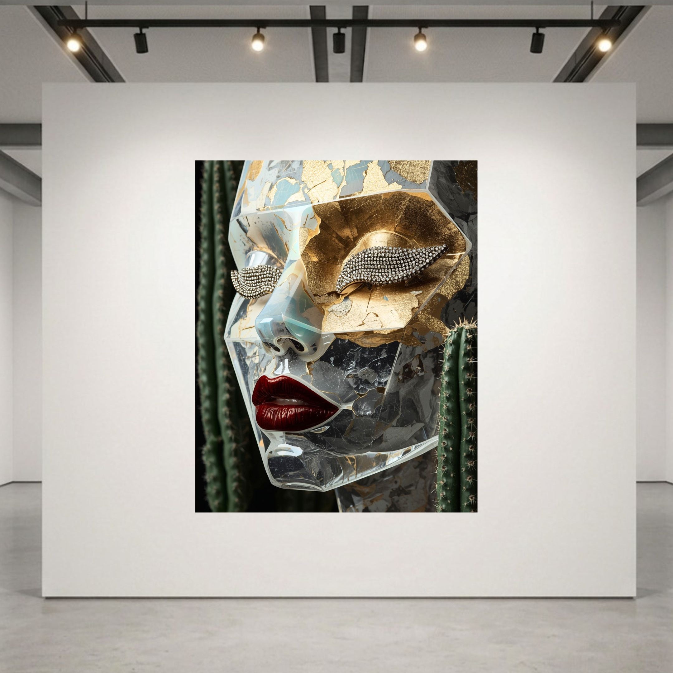 A large framed art print displayed on a white gallery wall, featuring a stylized close-up portrait of a women's face wearing a reflective metallic mask with gold, silver, and red details, set against a white wall in a modern gallery space.
