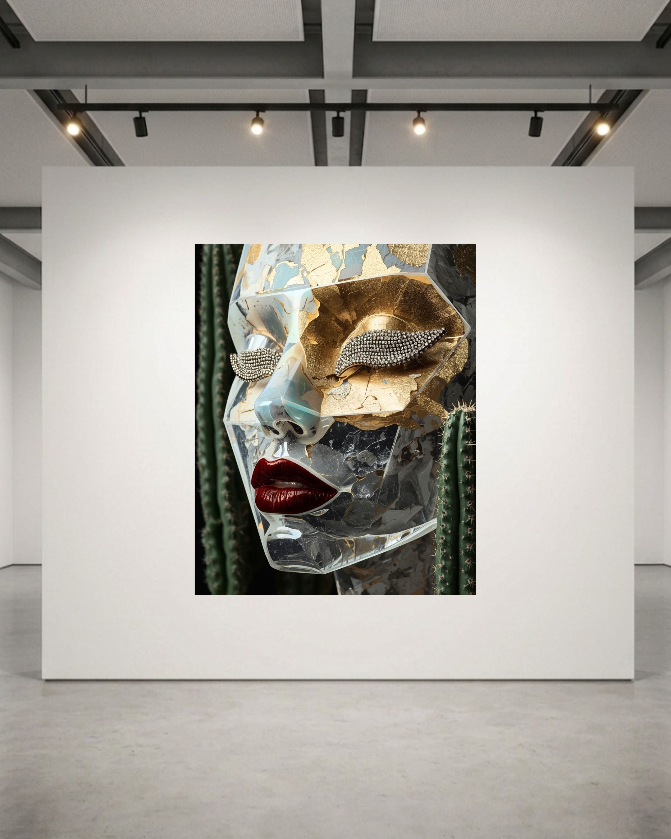 A large framed art print displayed on a white gallery wall, featuring a stylized close-up portrait of a women's face wearing a reflective metallic mask with gold, silver, and red details, set against a white wall in a modern gallery space.