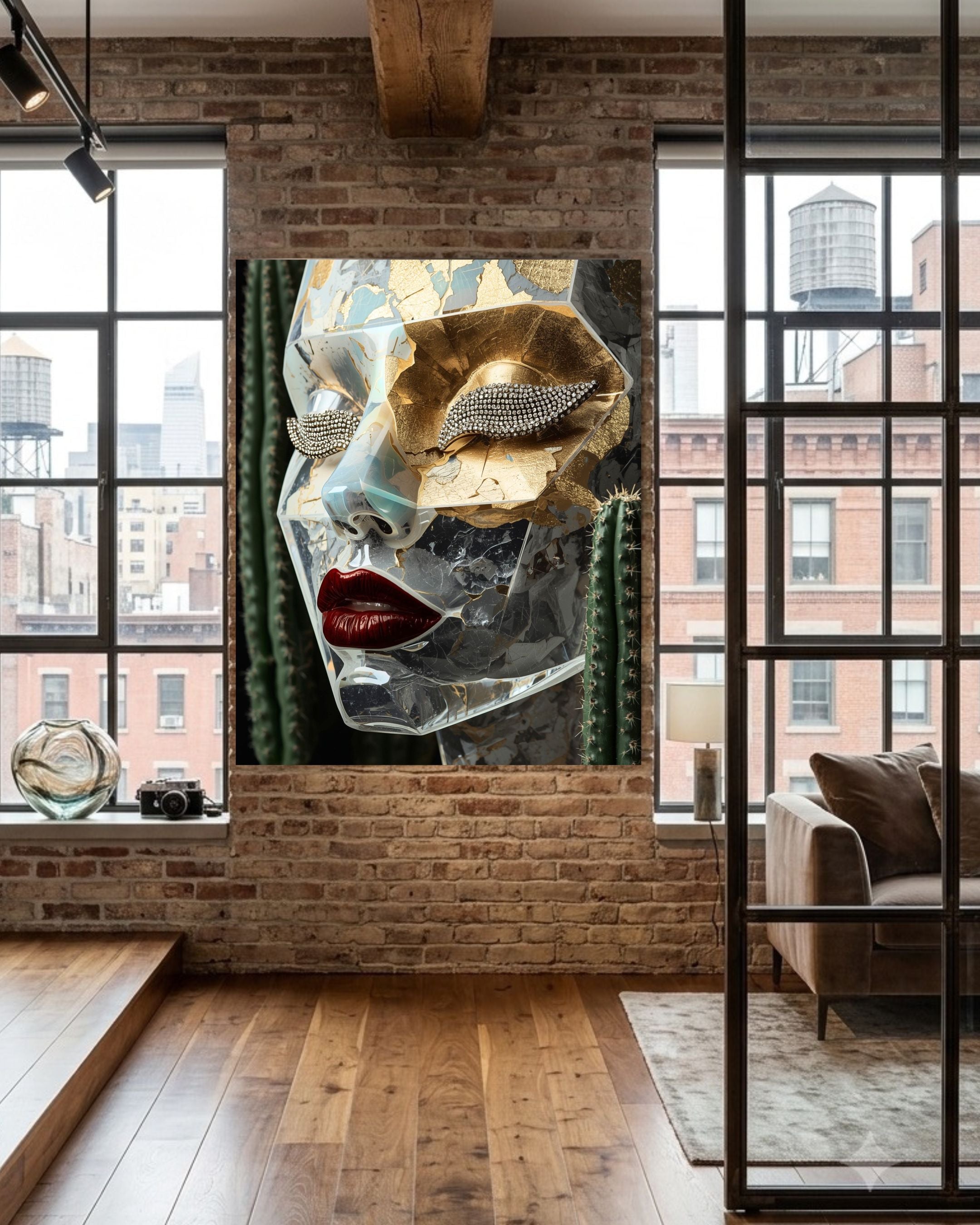 A large canvas wall art print featuring a stylized, transparent acrylic face with gold, silver, and red details, set in a cacti decor, displayed on a brick wall in a modern loft-style room with wood floors and windows.