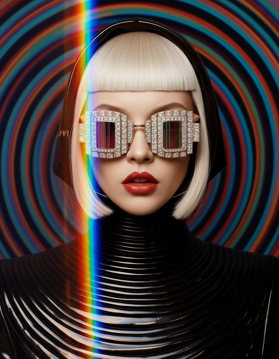 Surreal Artwork Optik Series 'Vortex' Featuring a stunning platinum white blonde model with red lips wearing diamond sunglasses with glitch effect. The model is wearing a black PVC tubular outfit set against a rainbow coloured background mimicking a vortex. Rainbow spec of light passing across the frame. Artwork by MizDragonfly