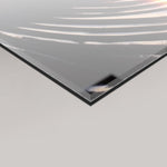 Close-up product macro shot of a WhiteWall professional museum-grade 4mm glossy acrylic glass mounting with polished edges and a 3mm aluminum Dibond backing.