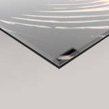 Close-up product macro shot of a WhiteWall professional museum-grade 4mm glossy acrylic glass mounting with polished edges and a 3mm aluminum Dibond backing.