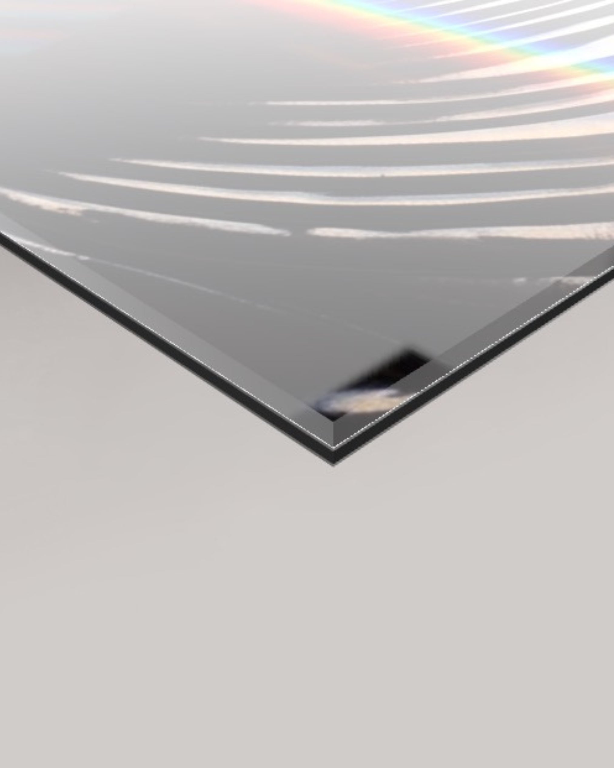 Close-up product macro shot of a WhiteWall professional museum-grade 4mm glossy acrylic glass mounting with polished edges and a 3mm aluminum Dibond backing.