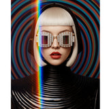 MizDragonfly Surreal Fine Art Optik Series portrait entitled Vortex featuring a futuristic blonde silhouette with a sharp bob haircut and red lips wearing oversized diamond-encrusted geometric sunglasses with tinted crystal lens against a hypnotic multi-colored concentric circle background.