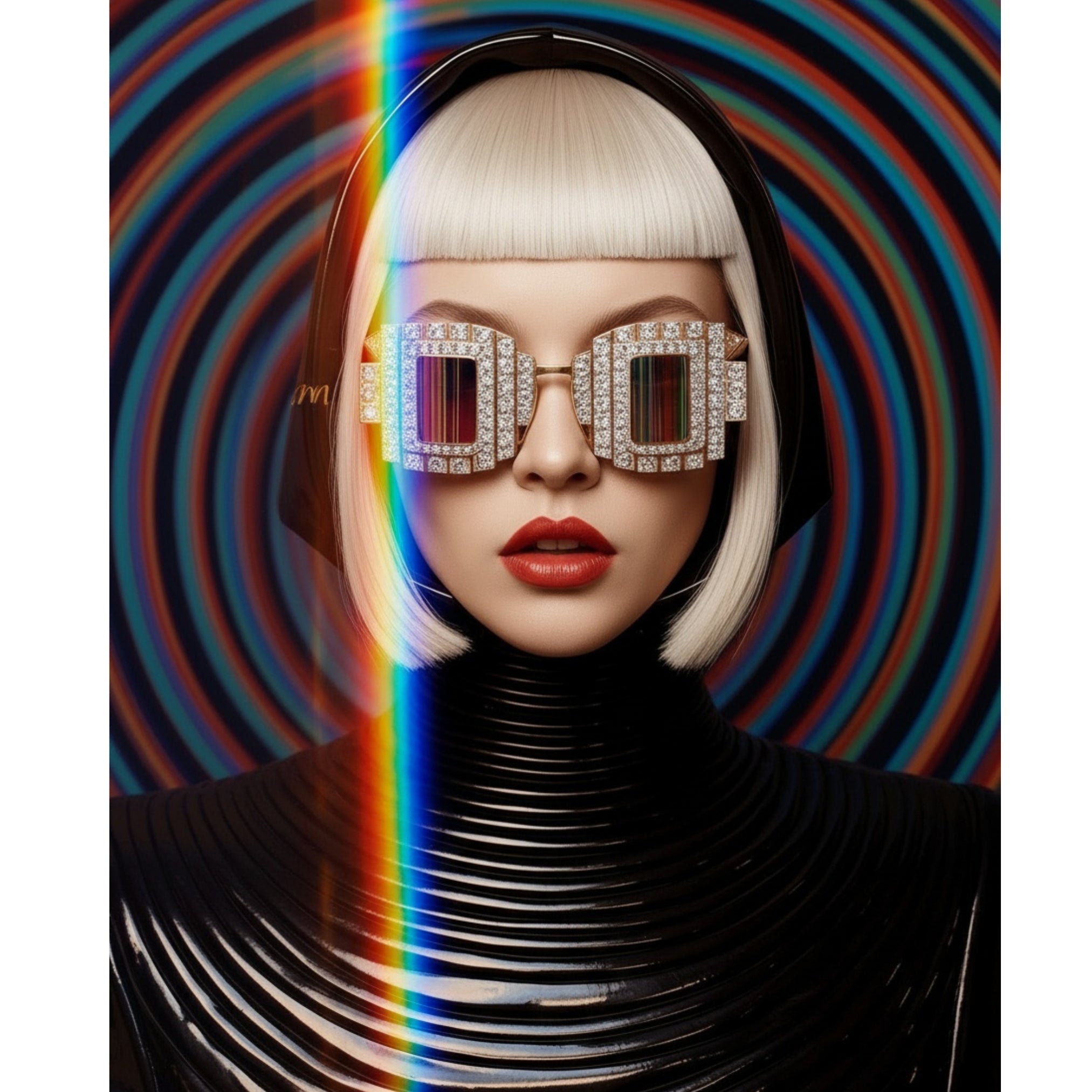 MizDragonfly Surreal Fine Art Optik Series portrait entitled Vortex featuring a futuristic blonde silhouette with a sharp bob haircut and red lips wearing oversized diamond-encrusted geometric sunglasses with tinted crystal lens against a hypnotic multi-colored concentric circle background.