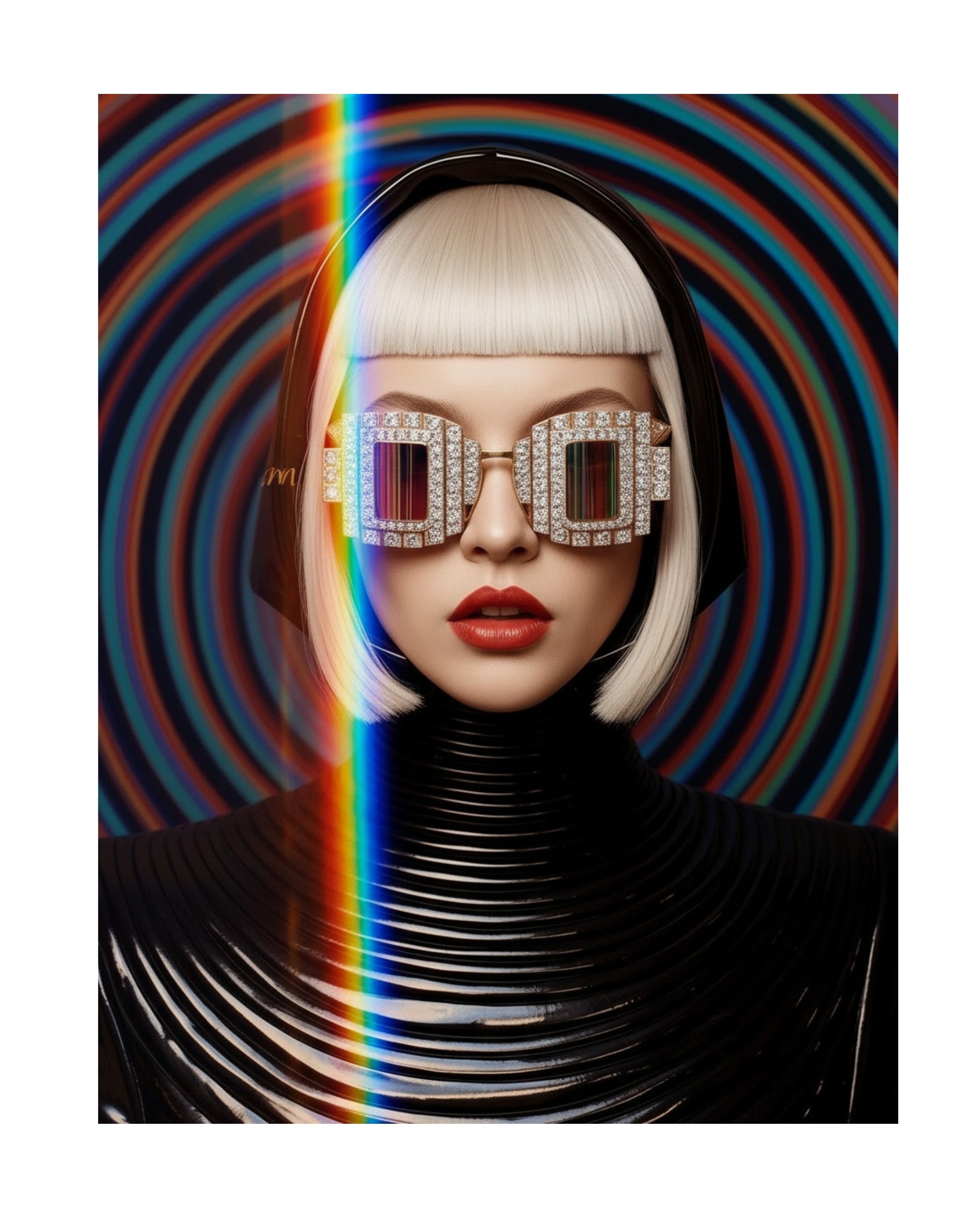 MizDragonfly Surreal Fine Art Optik Series portrait entitled Vortex featuring a futuristic blonde silhouette with a sharp bob haircut and red lips wearing oversized diamond-encrusted geometric sunglasses with tinted crystal lens against a hypnotic multi-colored concentric circle background.