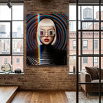 A large format MizDragonfly modern acrylic glass art print entitled Voxtex mounted on an authentic exposed red brick wall inside a luxury industrial New York loft living room with large factory windows.