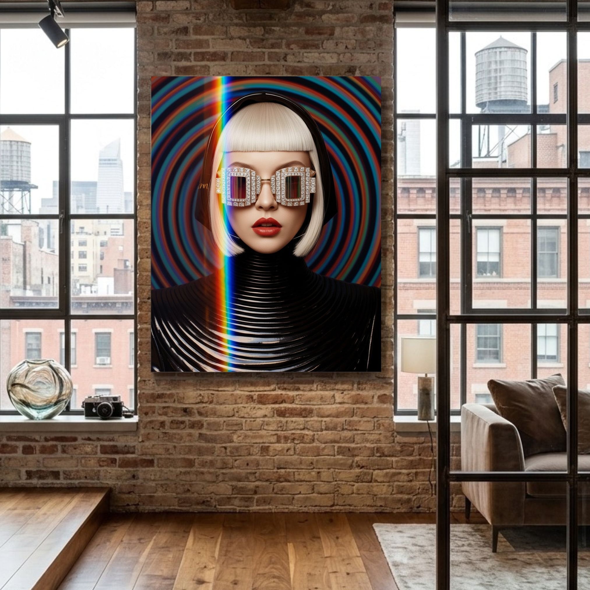 A large format MizDragonfly modern acrylic glass art print entitled Voxtex mounted on an authentic exposed red brick wall inside a luxury industrial New York loft living room with large factory windows.