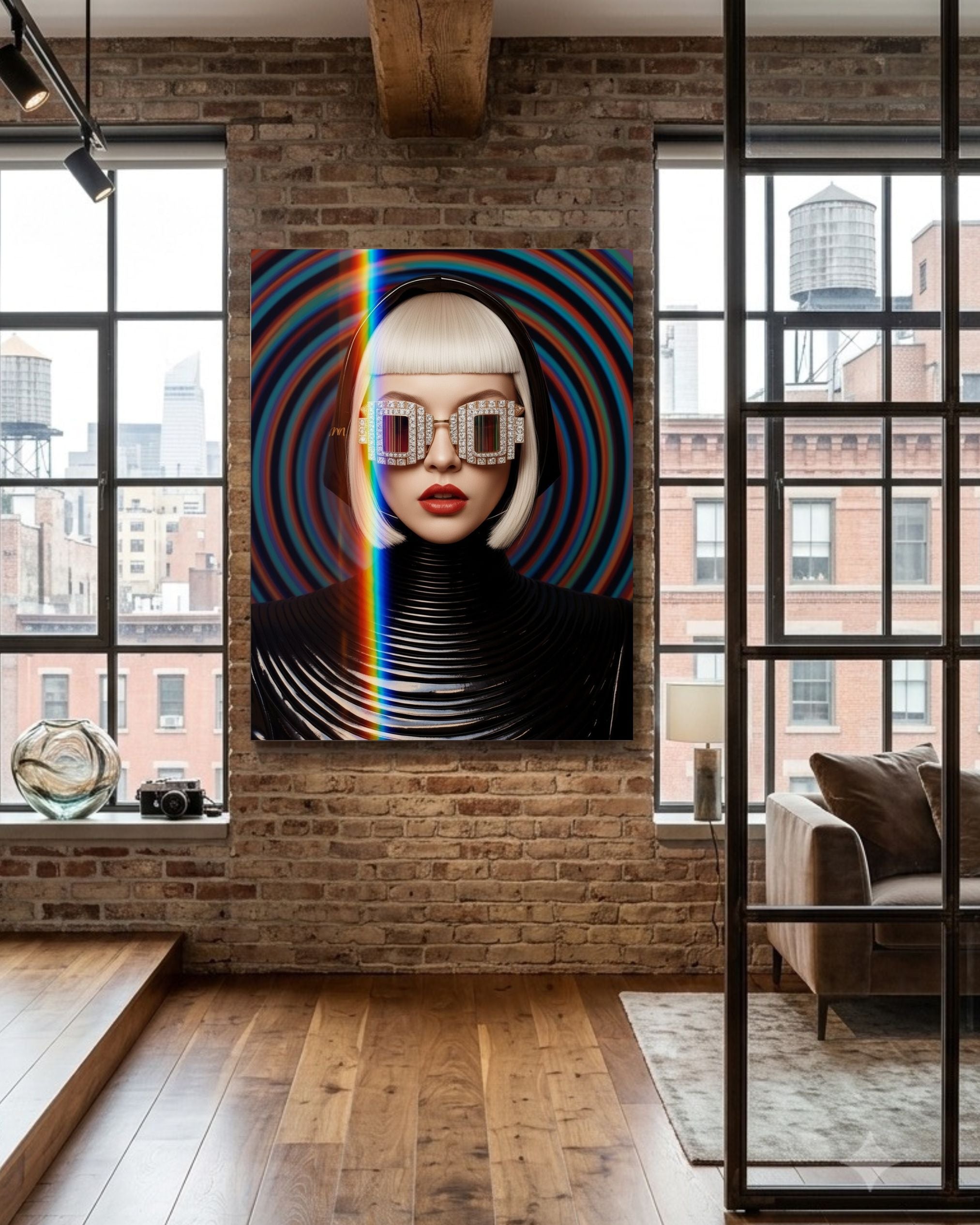 A large format MizDragonfly modern acrylic glass art print entitled Voxtex mounted on an authentic exposed red brick wall inside a luxury industrial New York loft living room with large factory windows.