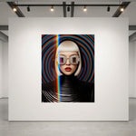 The Optik Series Vortex contemporary artwork displayed at human scale on a pristine white exhibition wall inside a minimalist fine art gallery with overhead industrial track lighting