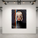 The Optik Series Vortex contemporary artwork displayed at human scale on a pristine white exhibition wall inside a minimalist fine art gallery with overhead industrial track lighting