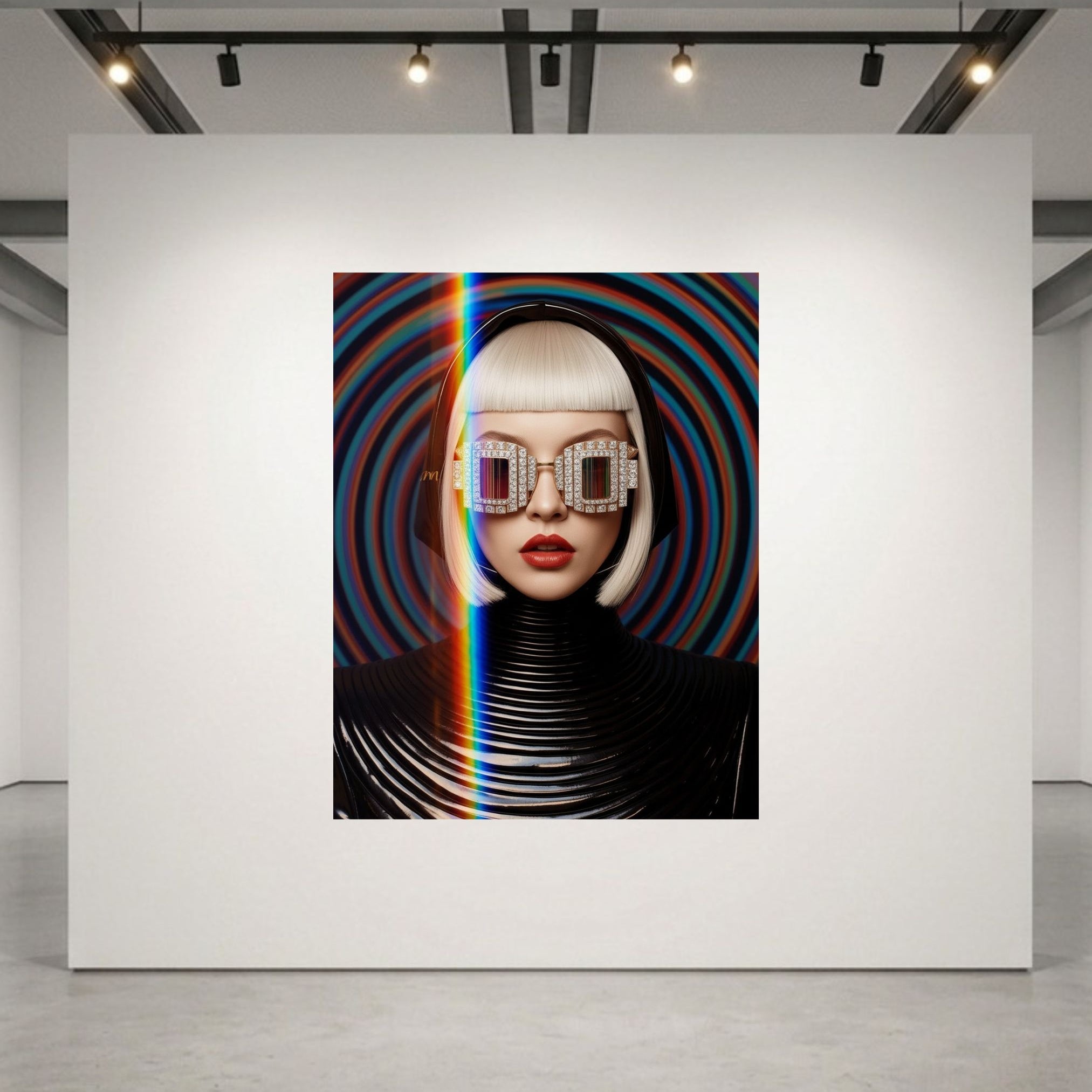 The Optik Series Vortex contemporary artwork displayed at human scale on a pristine white exhibition wall inside a minimalist fine art gallery with overhead industrial track lighting