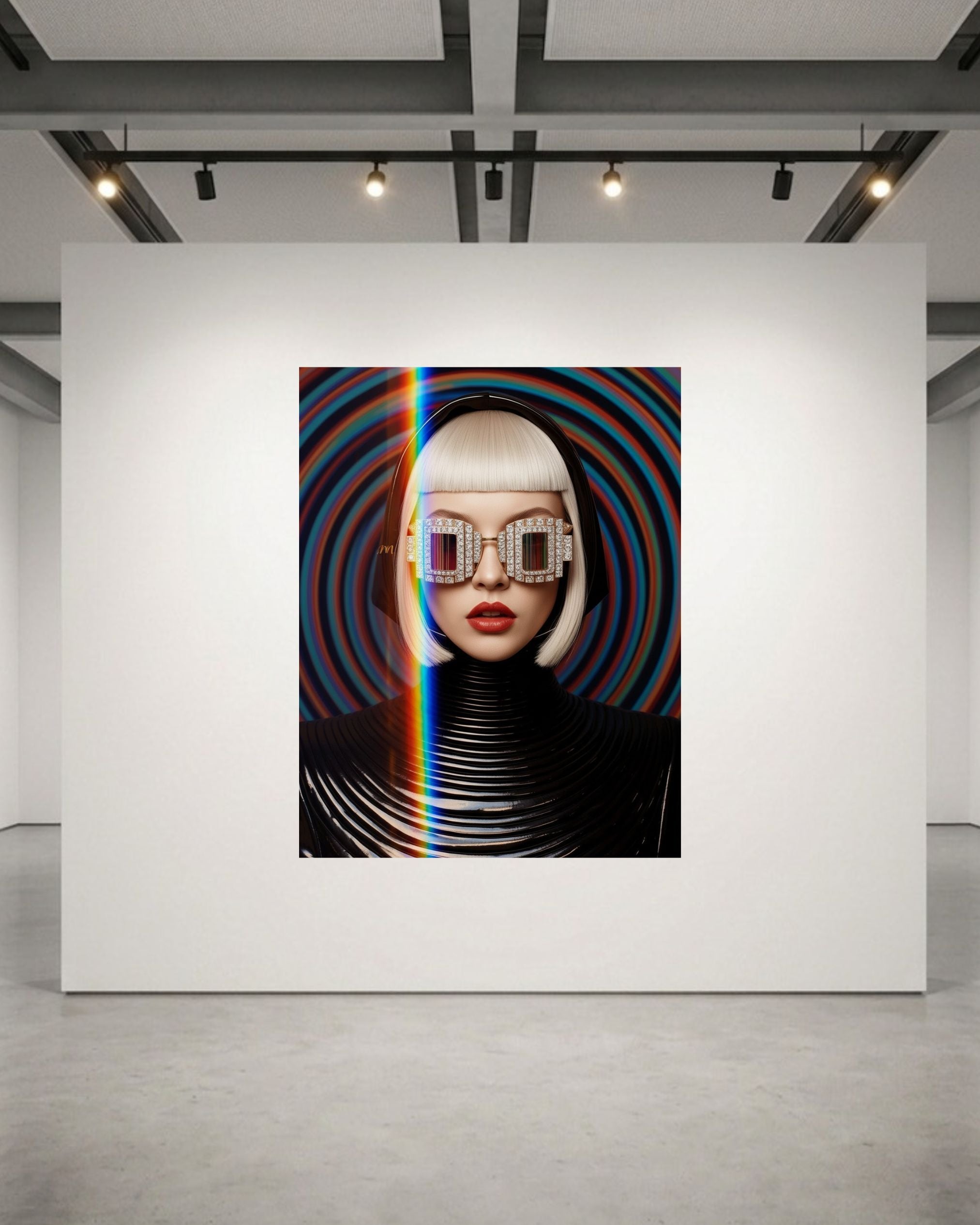 The Optik Series Vortex contemporary artwork displayed at human scale on a pristine white exhibition wall inside a minimalist fine art gallery with overhead industrial track lighting