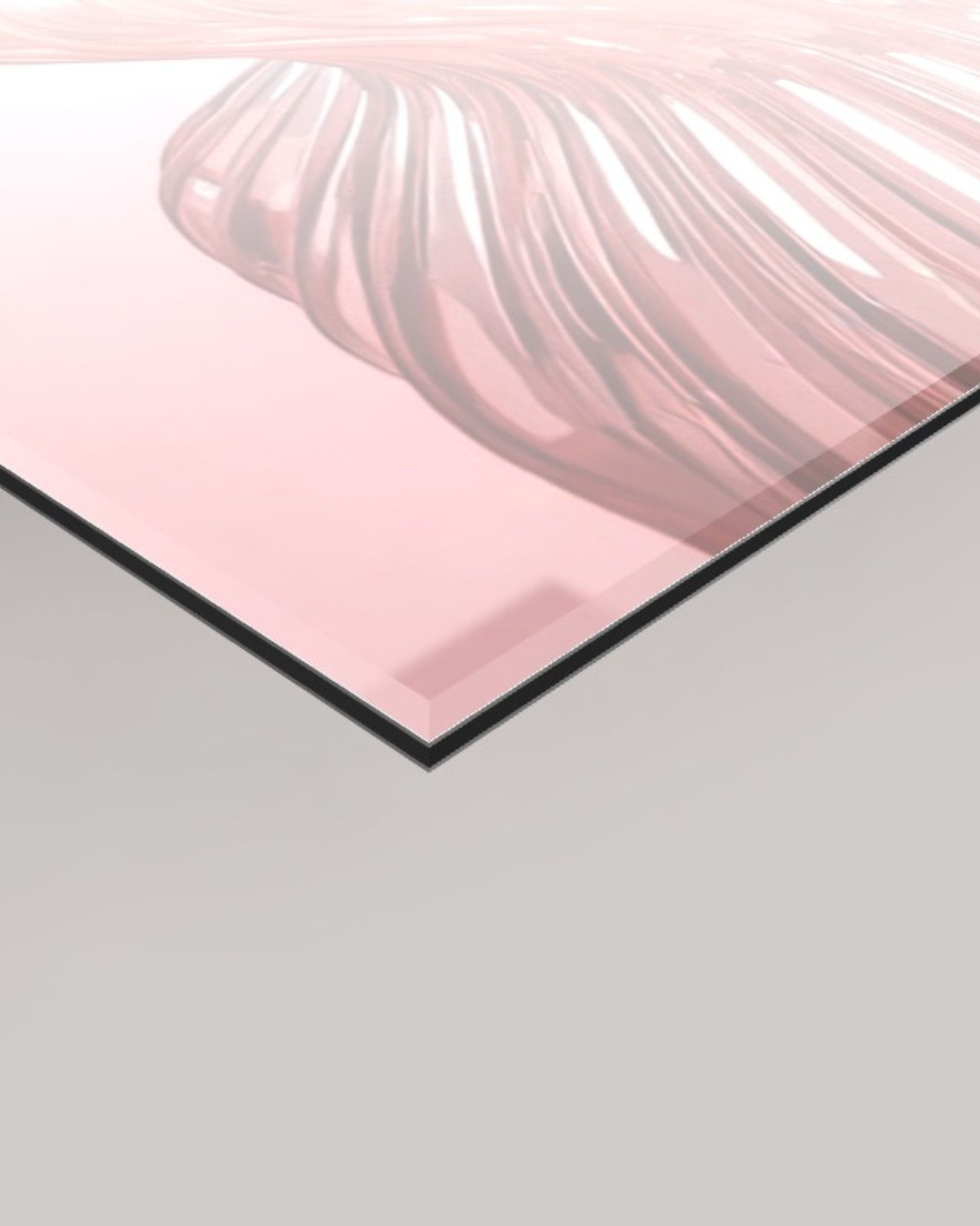 A glossy 4mm rectangular panel featuring a close-up of MizDragonfly's Pressurized artwork with a pink reflective surface and a black edge, shown against a light grey background.