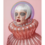 A surreal fashion portrait of a person with short white hair, glittery eye mask, crystal tears, red lips, and a translucent pink sculptural collar with matching bodice against a pink background.