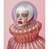 A surreal fashion portrait of a person with short white hair, glittery eye mask, crystal tears, red lips, and a translucent pink sculptural collar with matching bodice against a pink background.