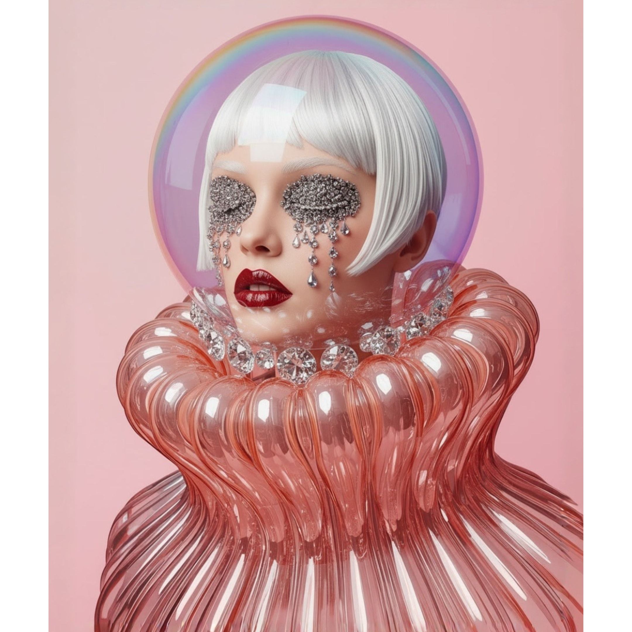 A surreal fashion portrait of a person with short white hair, glittery eye mask, crystal tears, red lips, and a translucent pink sculptural collar with matching bodice against a pink background.