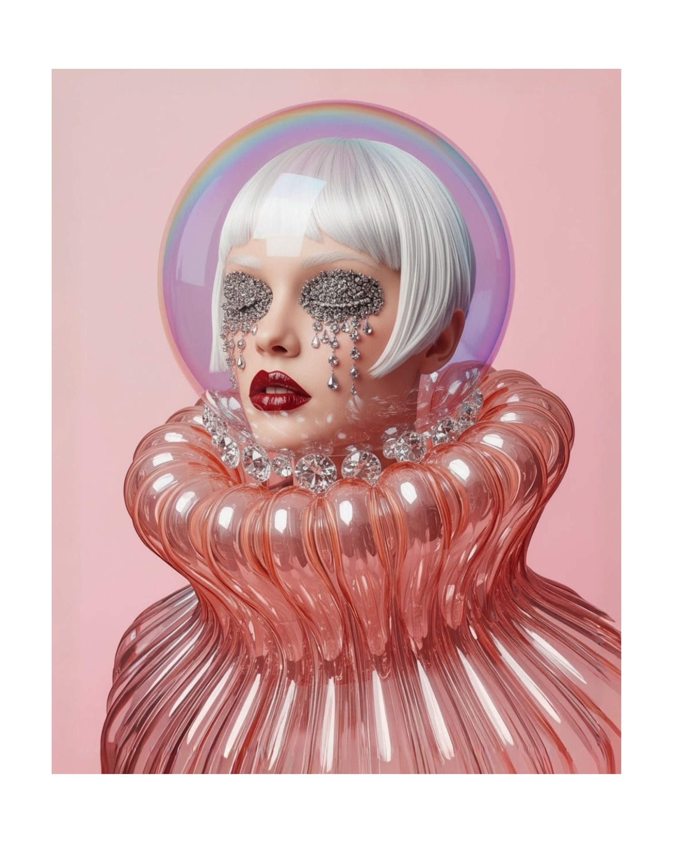 A surreal fashion portrait of a person with short white hair, glittery eye mask, crystal tears, red lips, and a translucent pink sculptural collar with matching bodice against a pink background.
