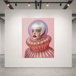 A surreal portrait museum-grade artwork featuring a white-haired woman in a pink high-neck glass ruffled   ensemble against a pink background, displayed on a large white gallery wall in a modern gallery space with track lighting.