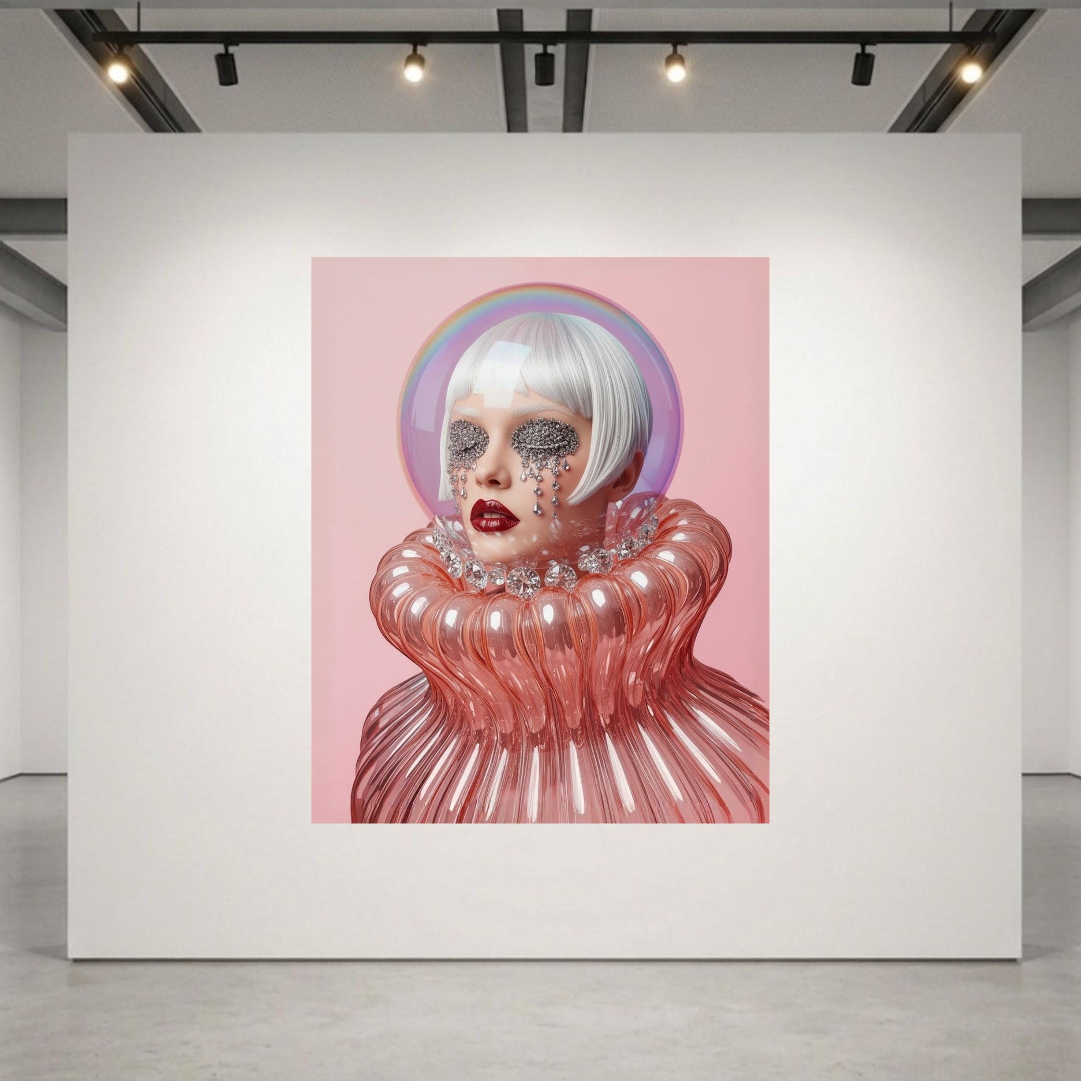 A surreal portrait museum-grade artwork featuring a white-haired woman in a pink high-neck glass ruffled   ensemble against a pink background, displayed on a large white gallery wall in a modern gallery space with track lighting.