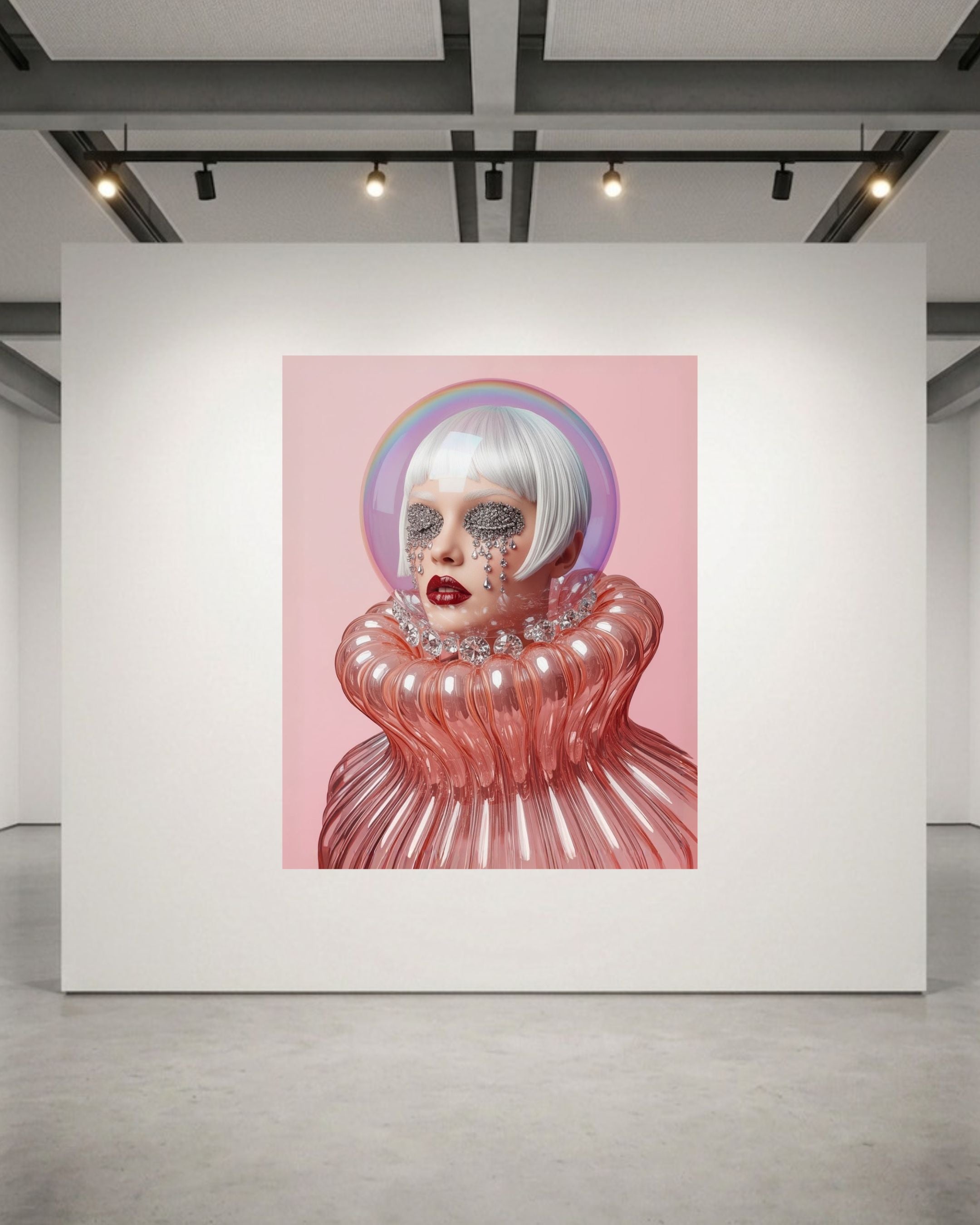A surreal portrait museum-grade artwork featuring a white-haired woman in a pink high-neck glass ruffled   ensemble against a pink background, displayed on a large white gallery wall in a modern gallery space with track lighting.