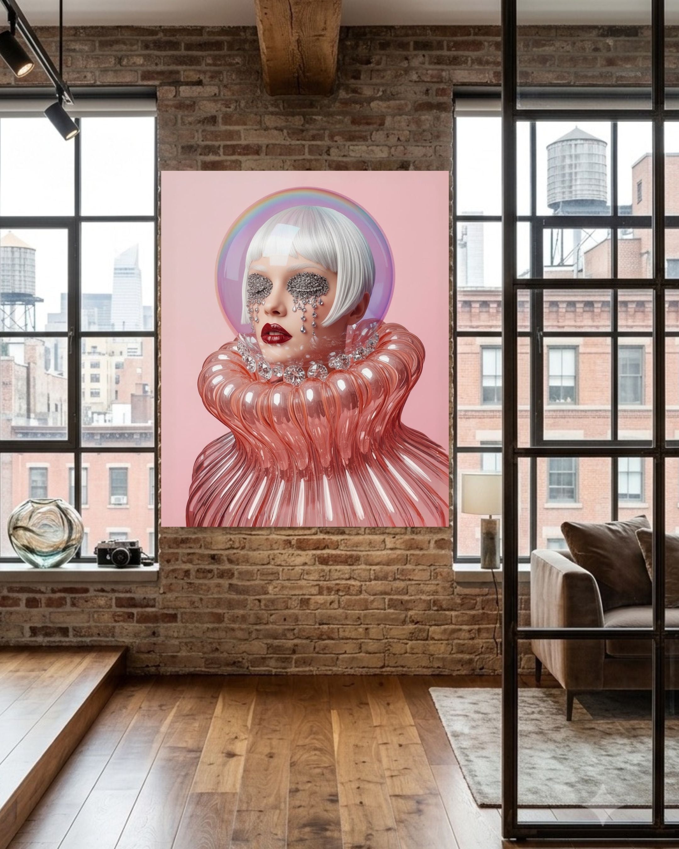 A large vertical artwork displayed in an acrylic glass frame featuring a stylized portrait of a woman with platinum white hair, a pink background, and a glossy pink ruffled collar, displayed on a brick wall in a modern loft room with windows and a sofa.