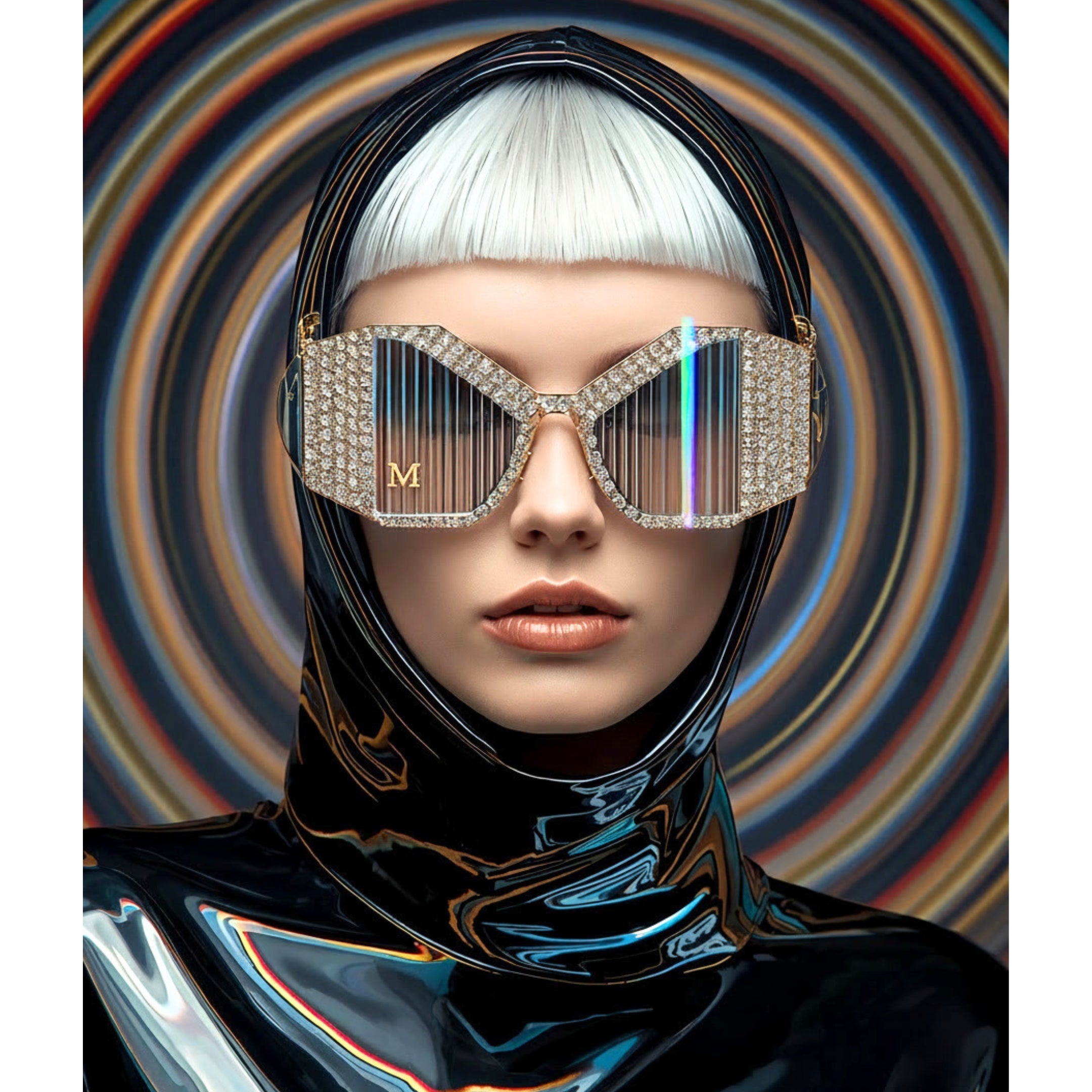 A fashion portrait of a model with a platinum blonde buzz cut wearing oversized rhinestone-embellished sunglasses with vertical iridescent crystal lenses with dainty gold M monogram and a glossy black vinyl hooded outfit, set against a swirling multicolour circular background.