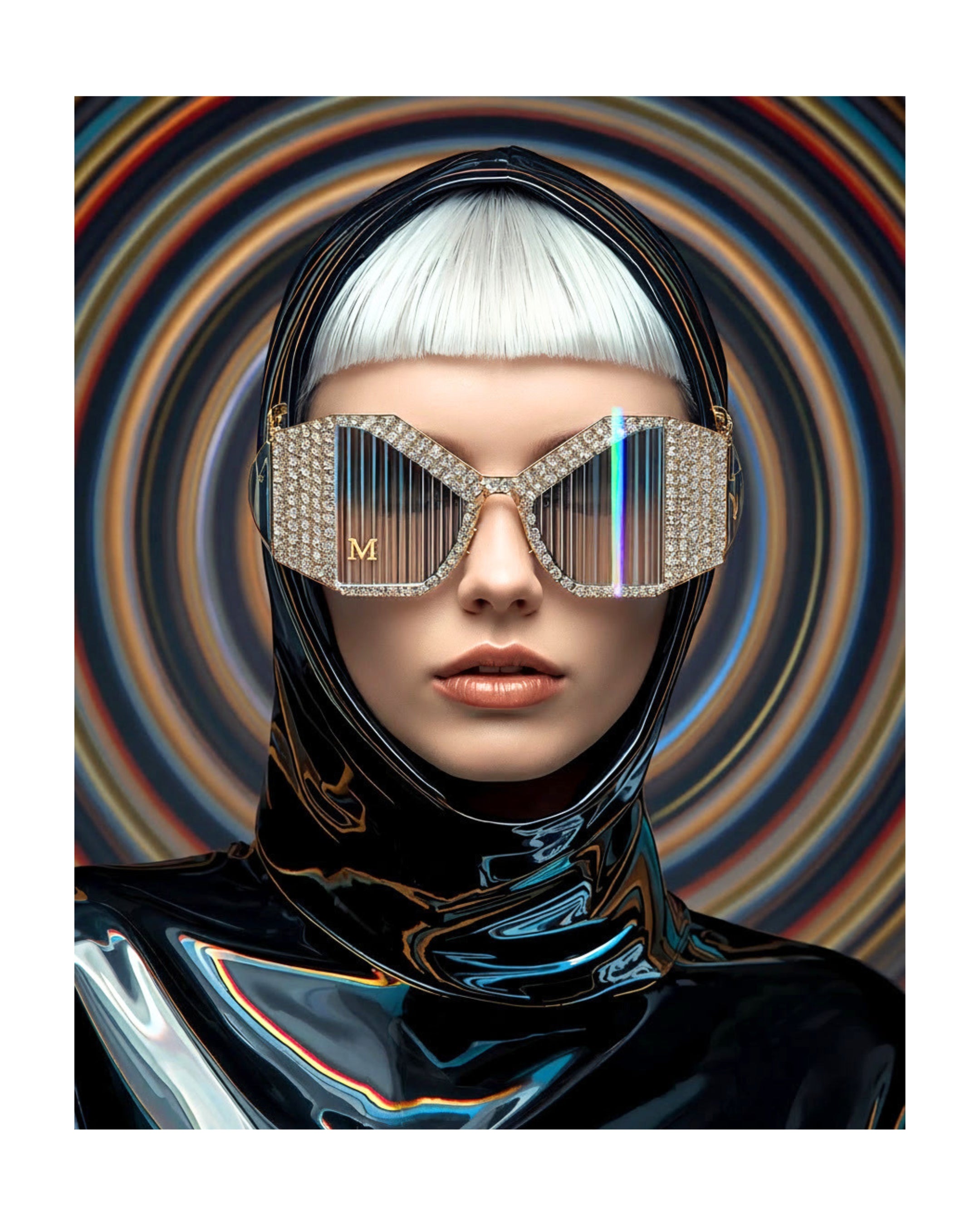 A fashion portrait of a model with a platinum blonde buzz cut wearing oversized rhinestone-embellished sunglasses with vertical iridescent crystal lenses with dainty gold M monogram and a glossy black vinyl hooded outfit, set against a swirling multicolour circular background.