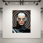 A fashion portrait of a gorgeous platinum blonde model set in a luxurious acrylic glass frame displayed on a white gallery wall. The model is wearing a glossy black helmet with crystal-striped sunglasses with a small gold M monogram set against a swirling multicolour vortex background