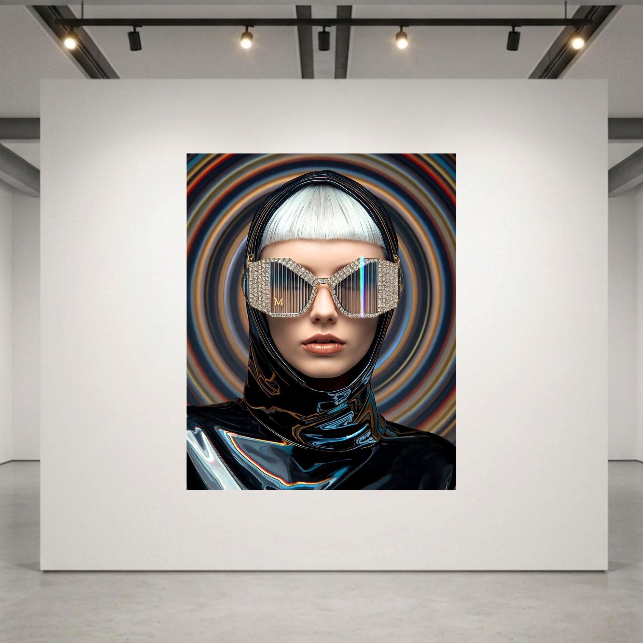 A fashion portrait of a gorgeous platinum blonde model set in a luxurious acrylic glass frame displayed on a white gallery wall. The model is wearing a glossy black helmet with crystal-striped sunglasses with a small gold M monogram set against a swirling multicolour vortex background