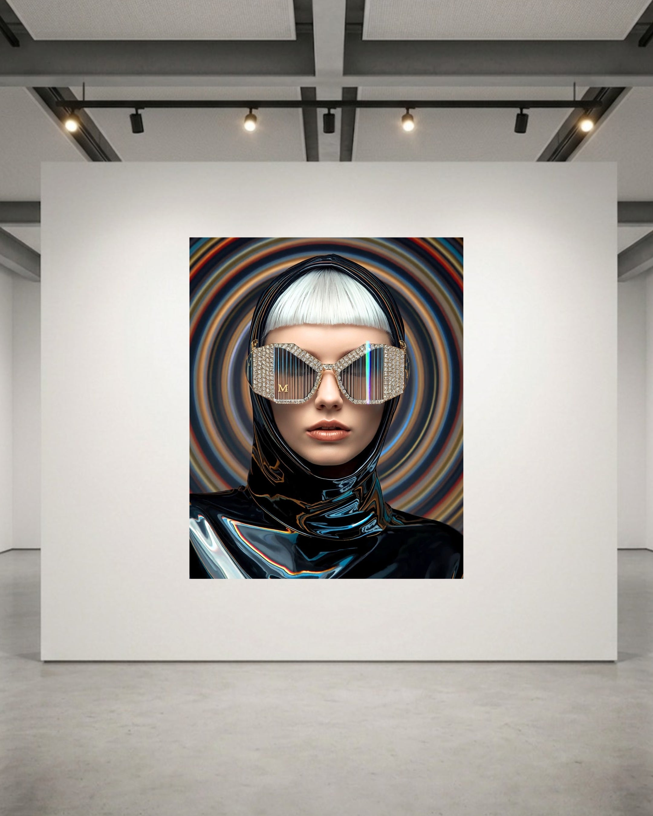 A fashion portrait of a gorgeous platinum blonde model set in a luxurious acrylic glass frame displayed on a white gallery wall. The model is wearing a glossy black helmet with crystal-striped sunglasses with a small gold M monogram set against a swirling multicolour vortex background