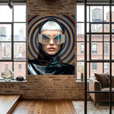 A large framed wall art print depicting a stylized futuristic woman with platinum blonde hair, reflective shield glasses, and a dark glossy outfit, displayed on a brick wall in a modern loft room with windows and wood floors.