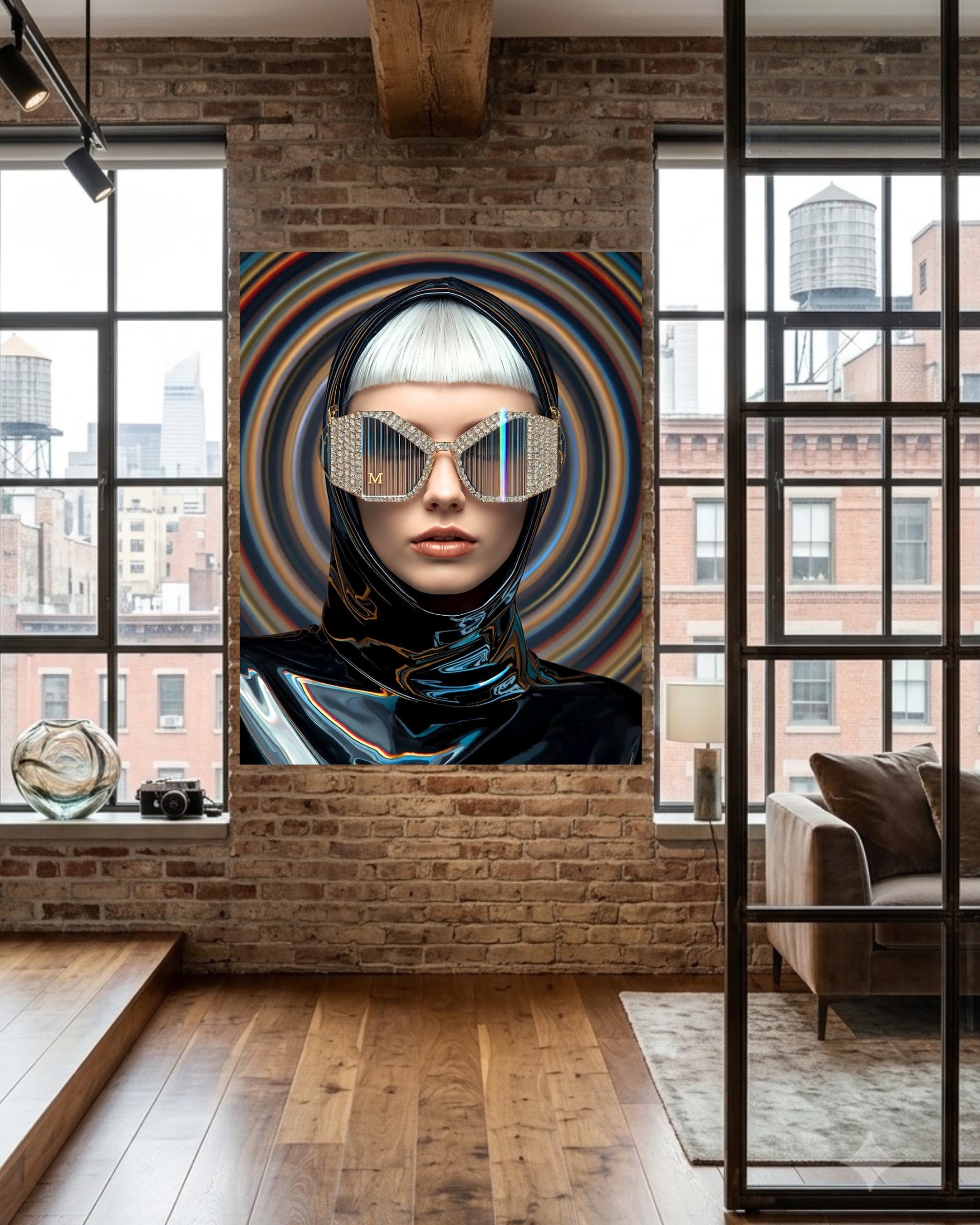 A large framed wall art print depicting a stylized futuristic woman with platinum blonde hair, reflective shield glasses, and a dark glossy outfit, displayed on a brick wall in a modern loft room with windows and wood floors.