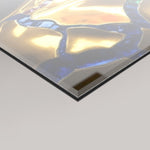 A square 4mm acrylic glass panel with a colourful featuring a close-up of the Reserve Kintsugi artwork by MizDragonfly shown at an angle on a light grey background.