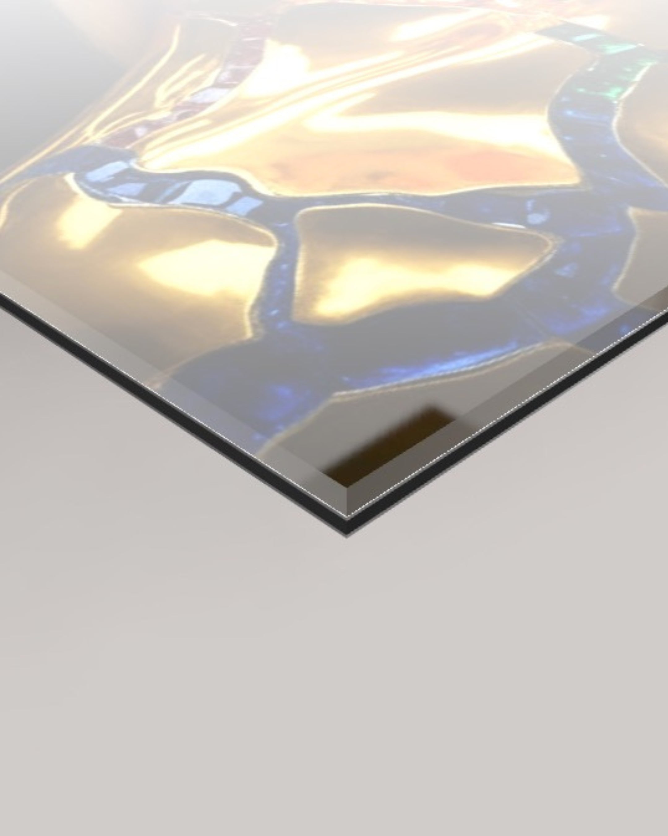 A square 4mm acrylic glass panel with a colourful featuring a close-up of the Reserve Kintsugi artwork by MizDragonfly shown at an angle on a light grey background.