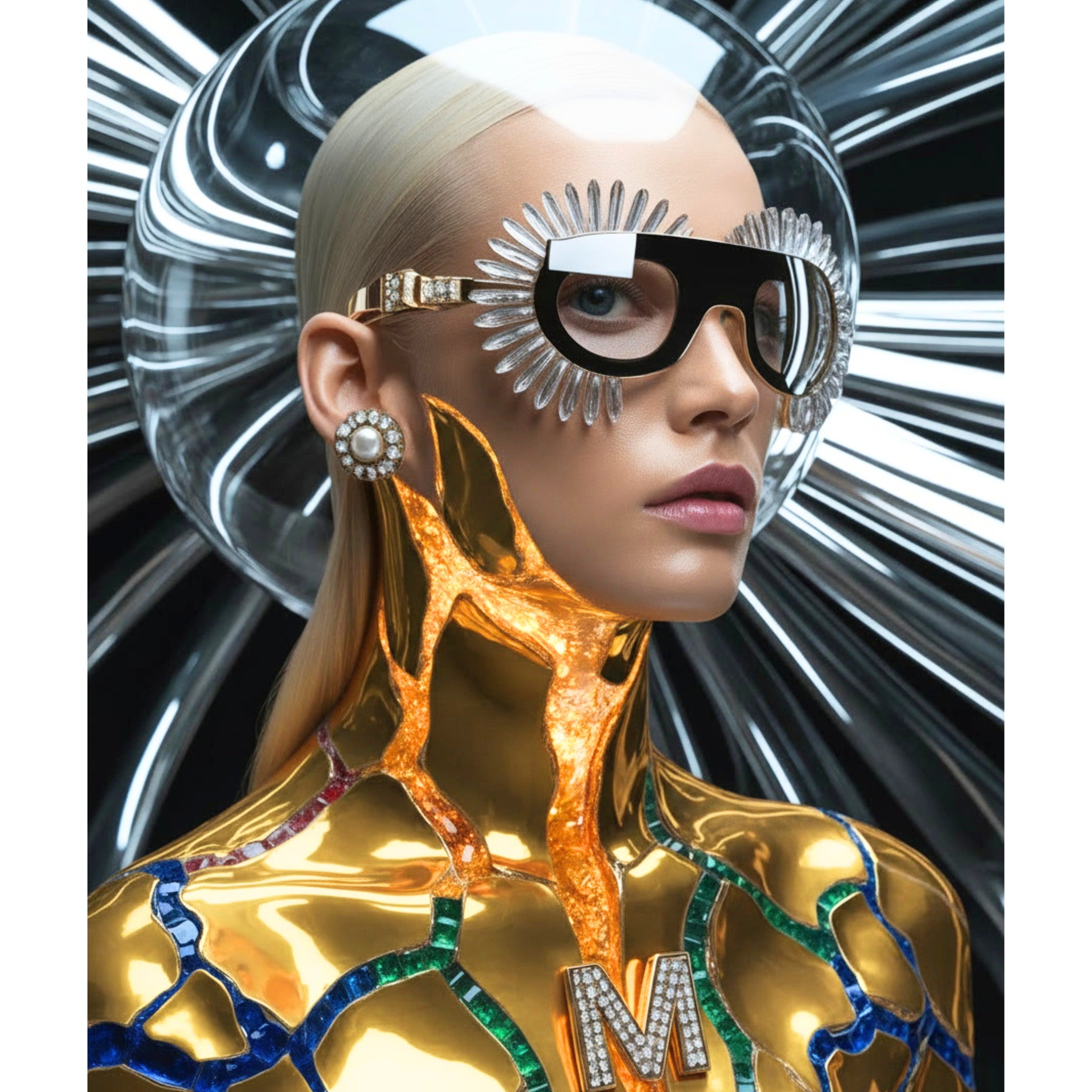A stylized portrait of a woman with a sleek platinum blonde hair, pearl stud earrings and clear sun-like visor sunglasses, with a highly reflective metallic gold bodysuit and sapphire, emerald and ruby precious gemstone accents against a black-and-white radial background.