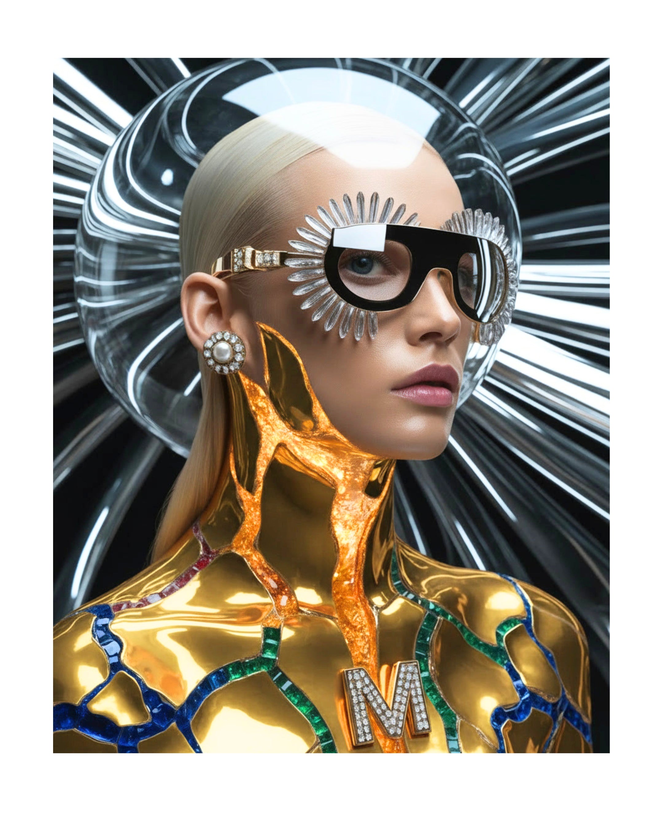 A stylized portrait of a woman with a sleek platinum blonde hair, pearl stud earrings and clear sun-like visor sunglasses, with a highly reflective metallic gold bodysuit and sapphire, emerald and ruby precious gemstone accents against a black-and-white radial background.