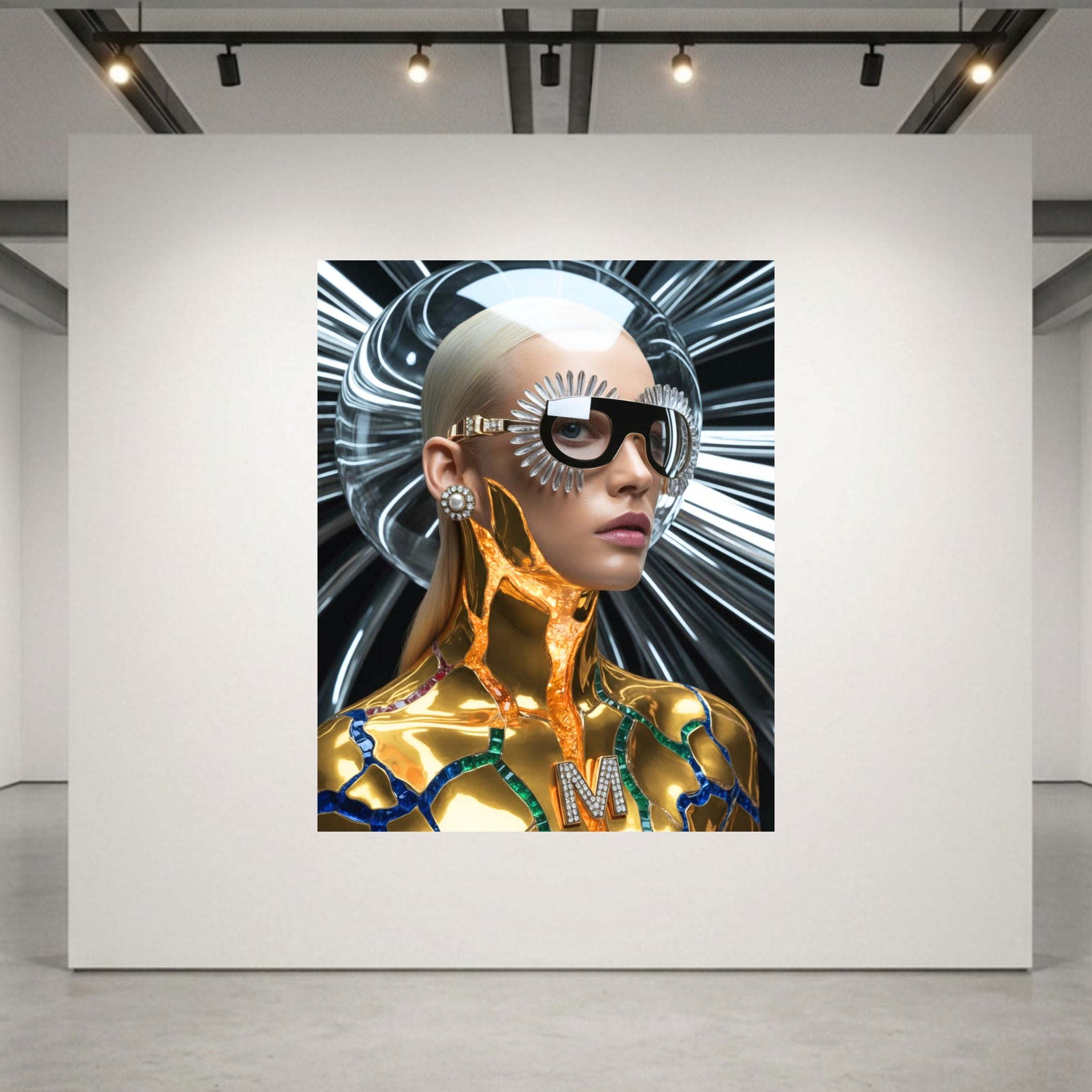 A large wall art print displayed on a white gallery wall, showing a stylized futuristic portrait of a woman with sleek platinum blonde hair, black sunglasses, and metallic gold skin details against a black and white radial glass background. 