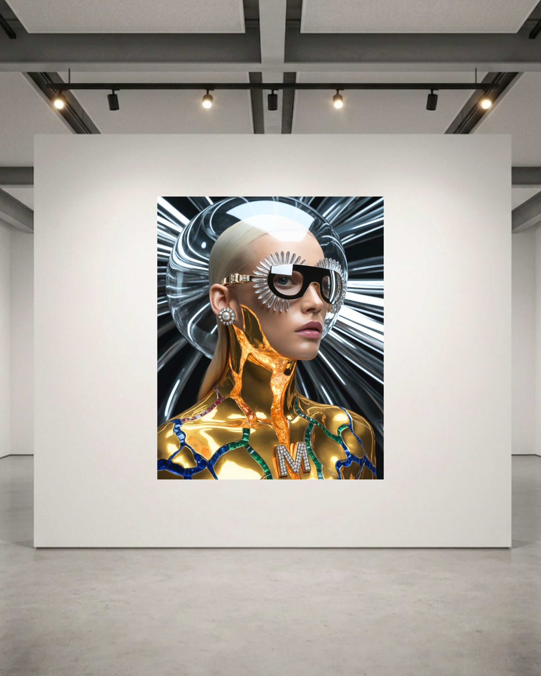 A large wall art print displayed on a white gallery wall, showing a stylized futuristic portrait of a woman with sleek platinum blonde hair, black sunglasses, and metallic gold skin details against a black and white radial glass background. 
