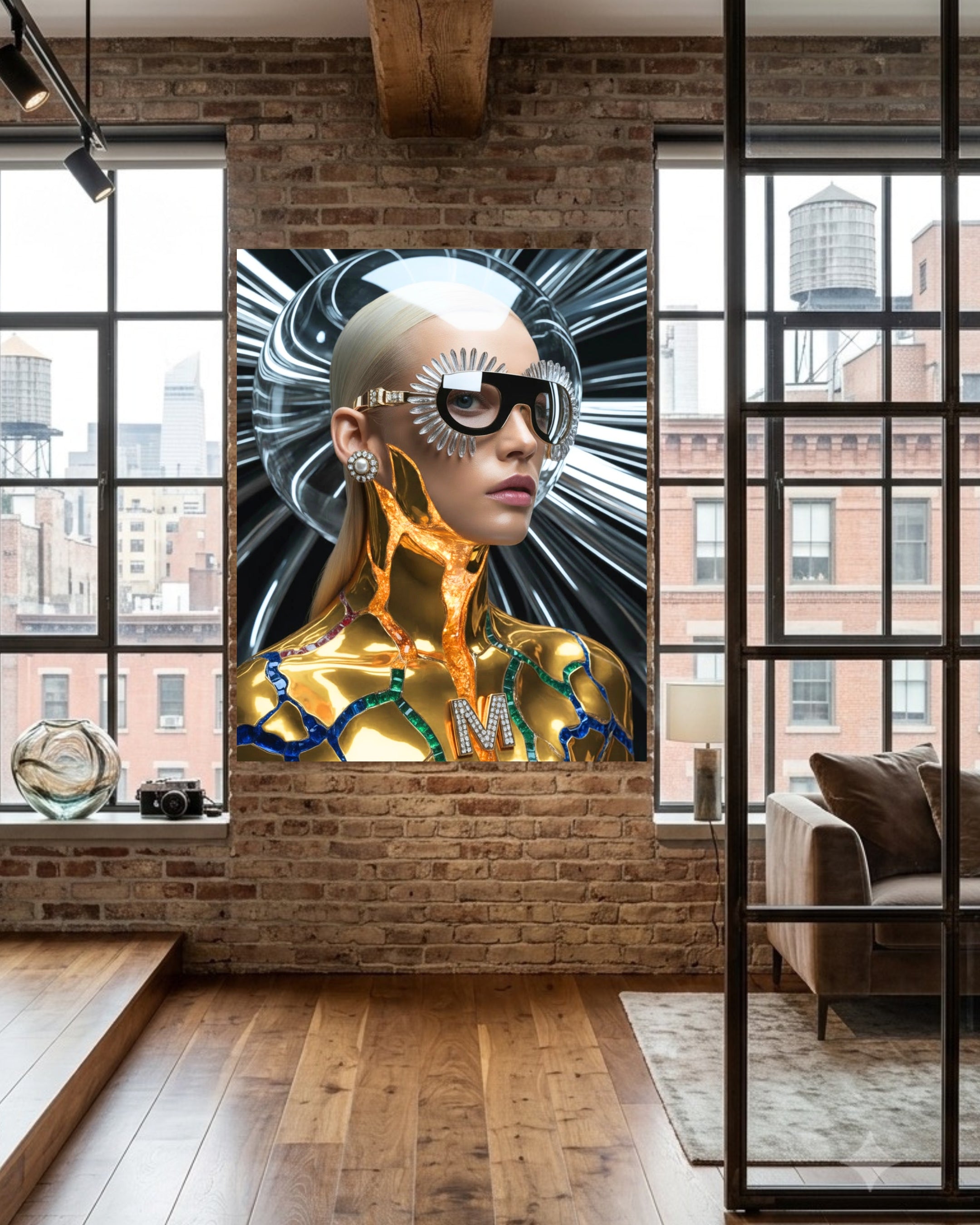 A large square wall art print featuring a stylized futuristic woman with platinum blonde hair, dramatic black crystal sunglasses, and a metallic gold body armour, displayed on a brick wall in a modern loft room with wood floors and large windows.