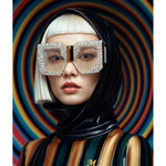 A fashion portrait of an asian model with a platinum blonde bob, wearing a black hood, a black, gold and green striped top, and oversized square sunglasses encased in a crystal frame, set against a multi-colour concentric circle background.