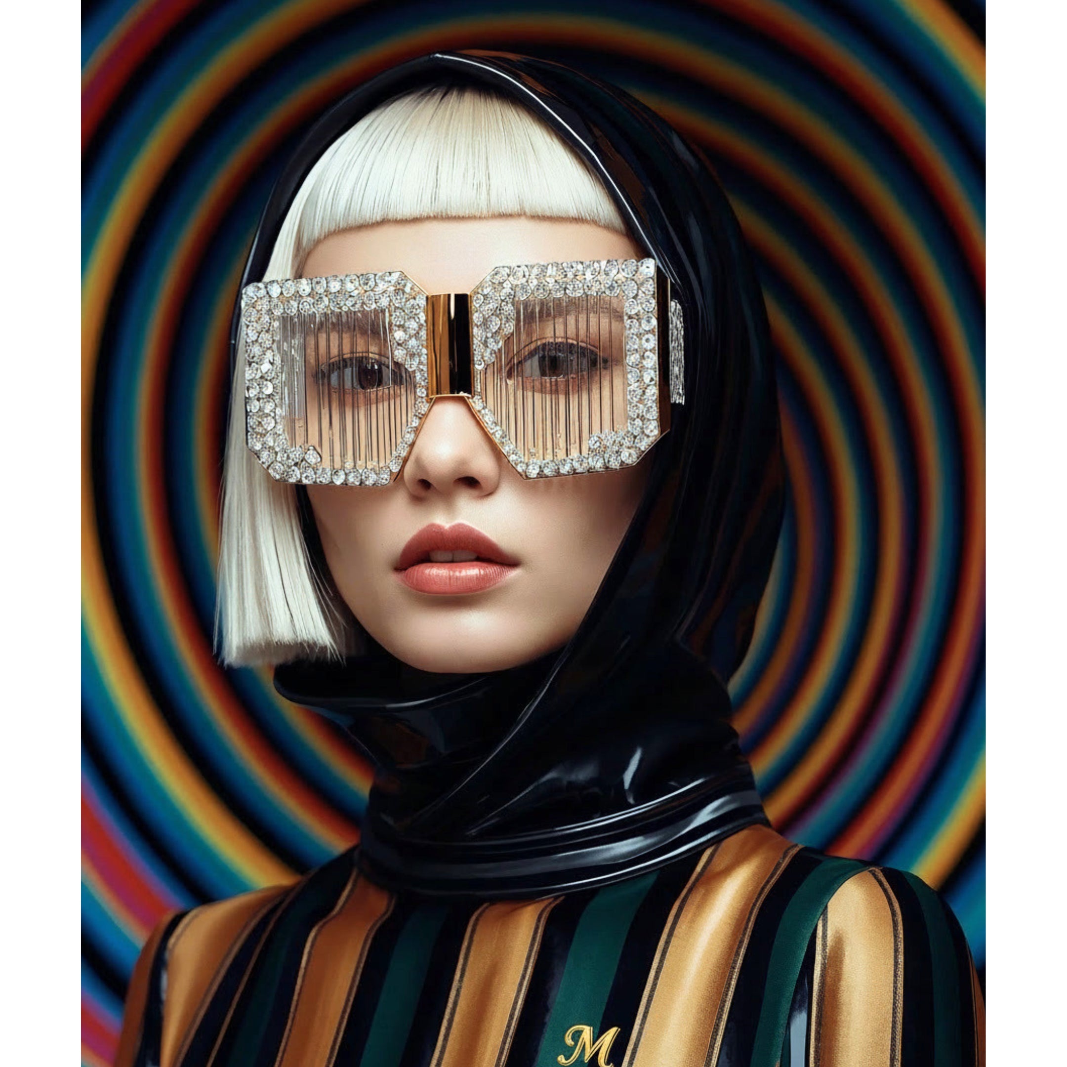A fashion portrait of an asian model with a platinum blonde bob, wearing a black hood, a black, gold and green striped top, and oversized square sunglasses encased in a crystal frame, set against a multi-colour concentric circle background.