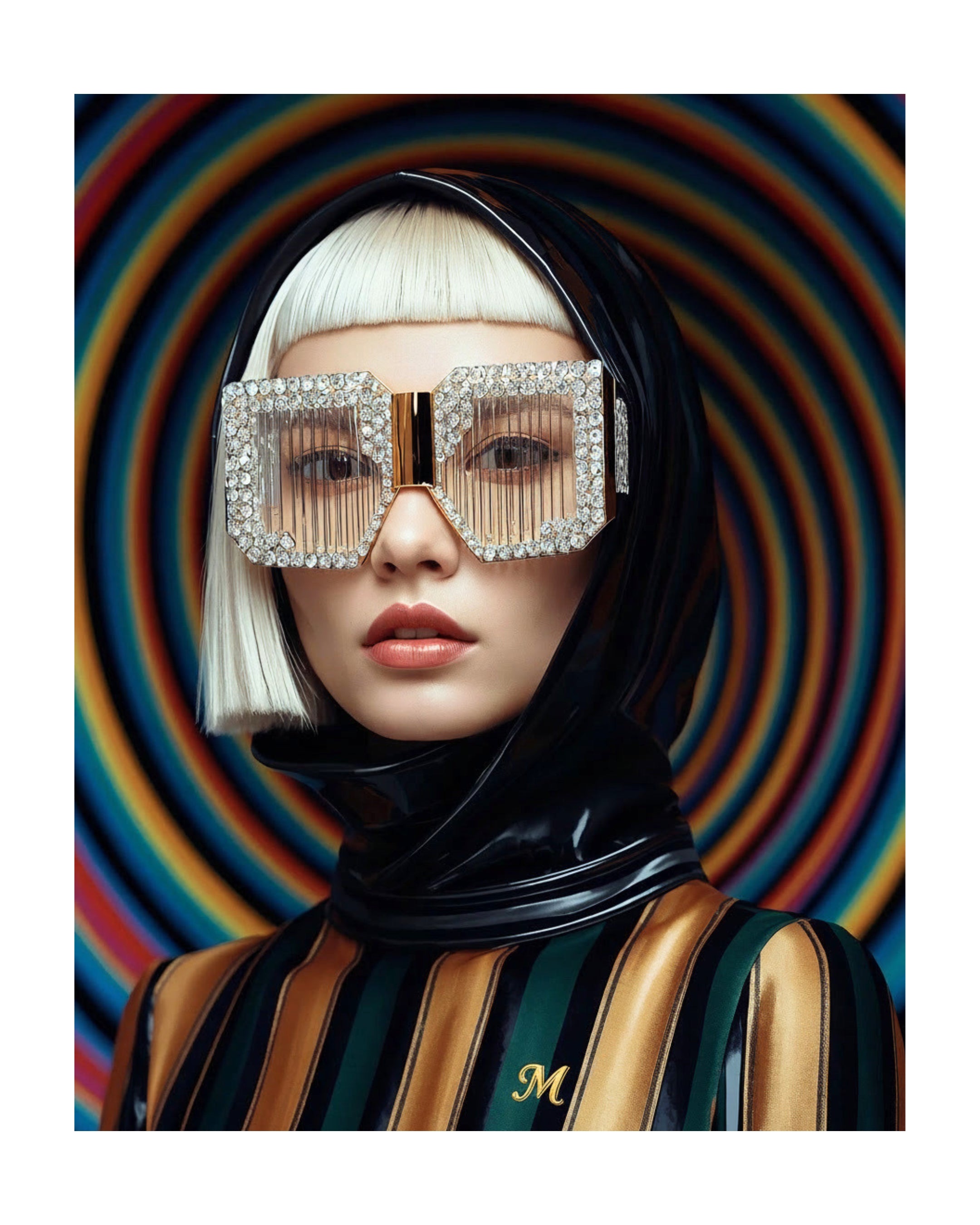 A fashion portrait of an asian model with a platinum blonde bob, wearing a black hood, a black, gold and green striped top, and oversized square sunglasses encased in a crystal frame, set against a multi-colour concentric circle background.