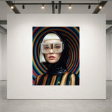 A fashion portrait of a gorgeous asian platinum blonde model set in a luxurious acrylic glass frame displayed on a white gallery wall. The model is wearing a glossy black helmet with crystal-striped sunglasses and a striped black, gold and green outfit against a swirling multicolour background.