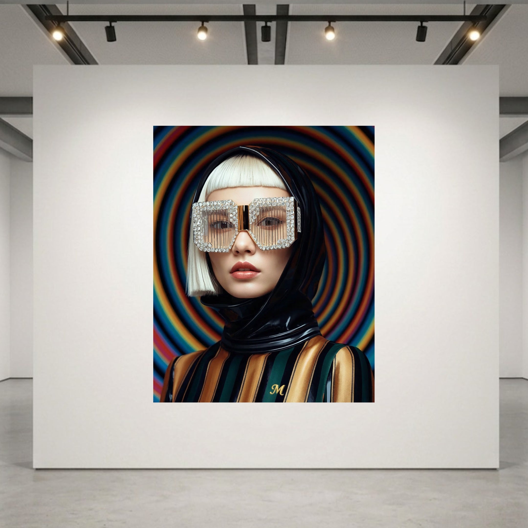 A fashion portrait of a gorgeous asian platinum blonde model set in a luxurious acrylic glass frame displayed on a white gallery wall. The model is wearing a glossy black helmet with crystal-striped sunglasses and a striped black, gold and green outfit against a swirling multicolour background.
